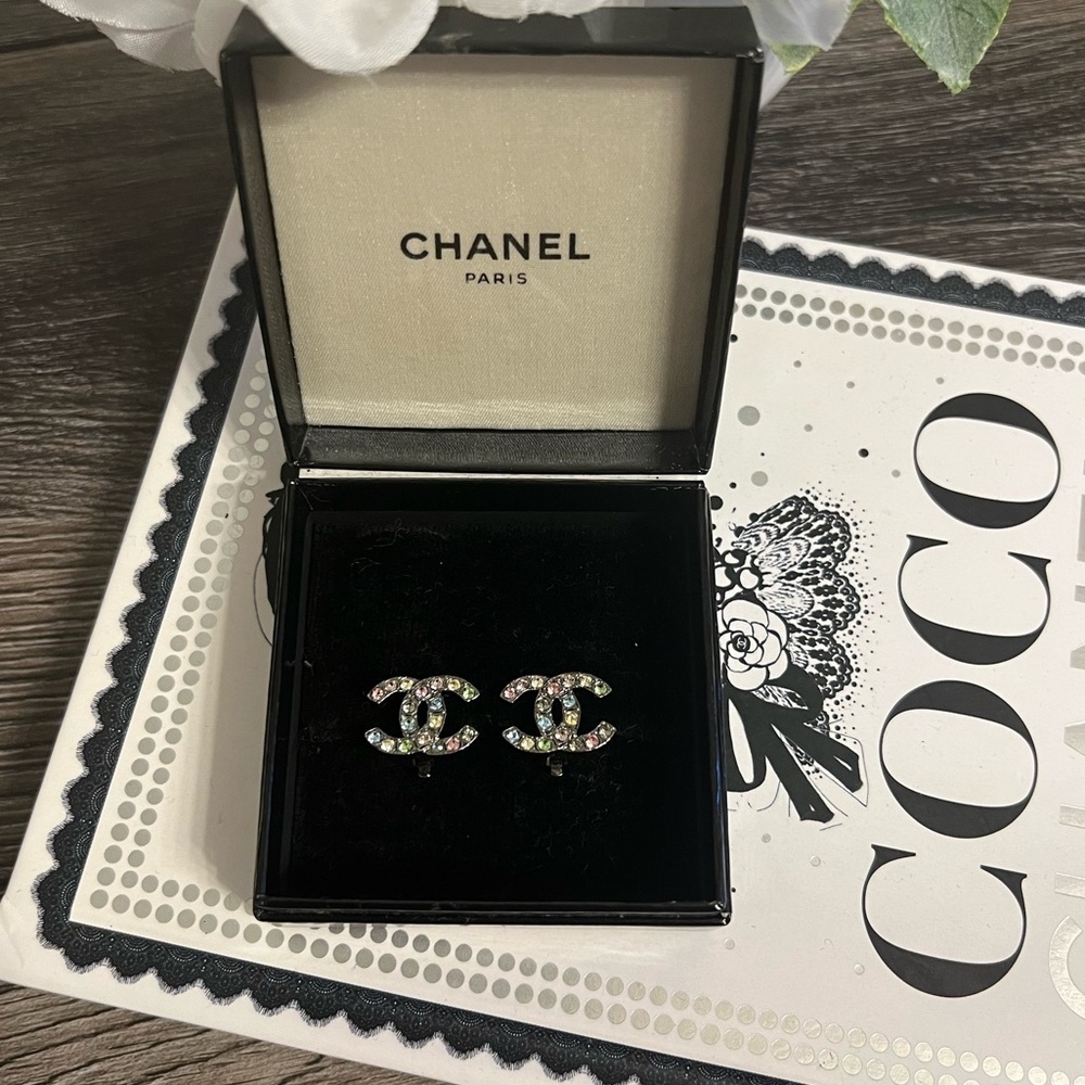 Chanel Rainbow Cc Crystal Stud Clip On Earrings - Auth